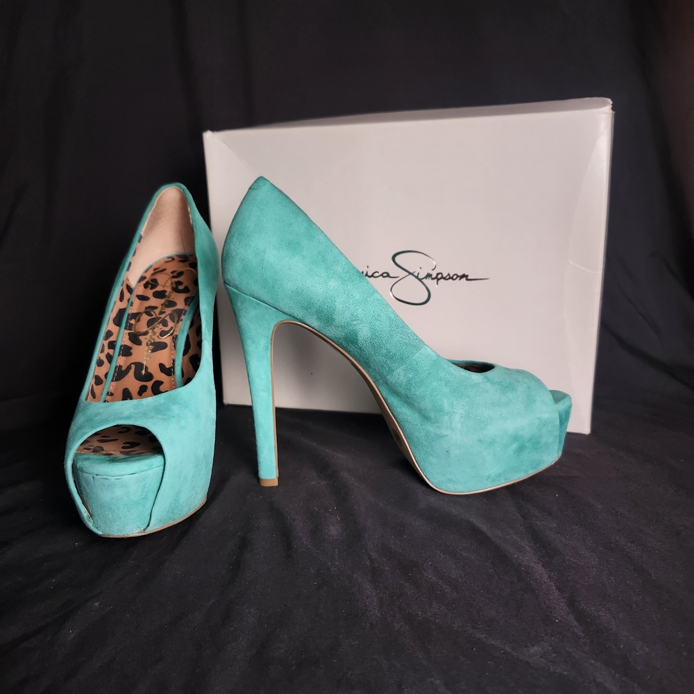 Jessica Simpson Turquoise Suede Peep-Toe Platform Pumps